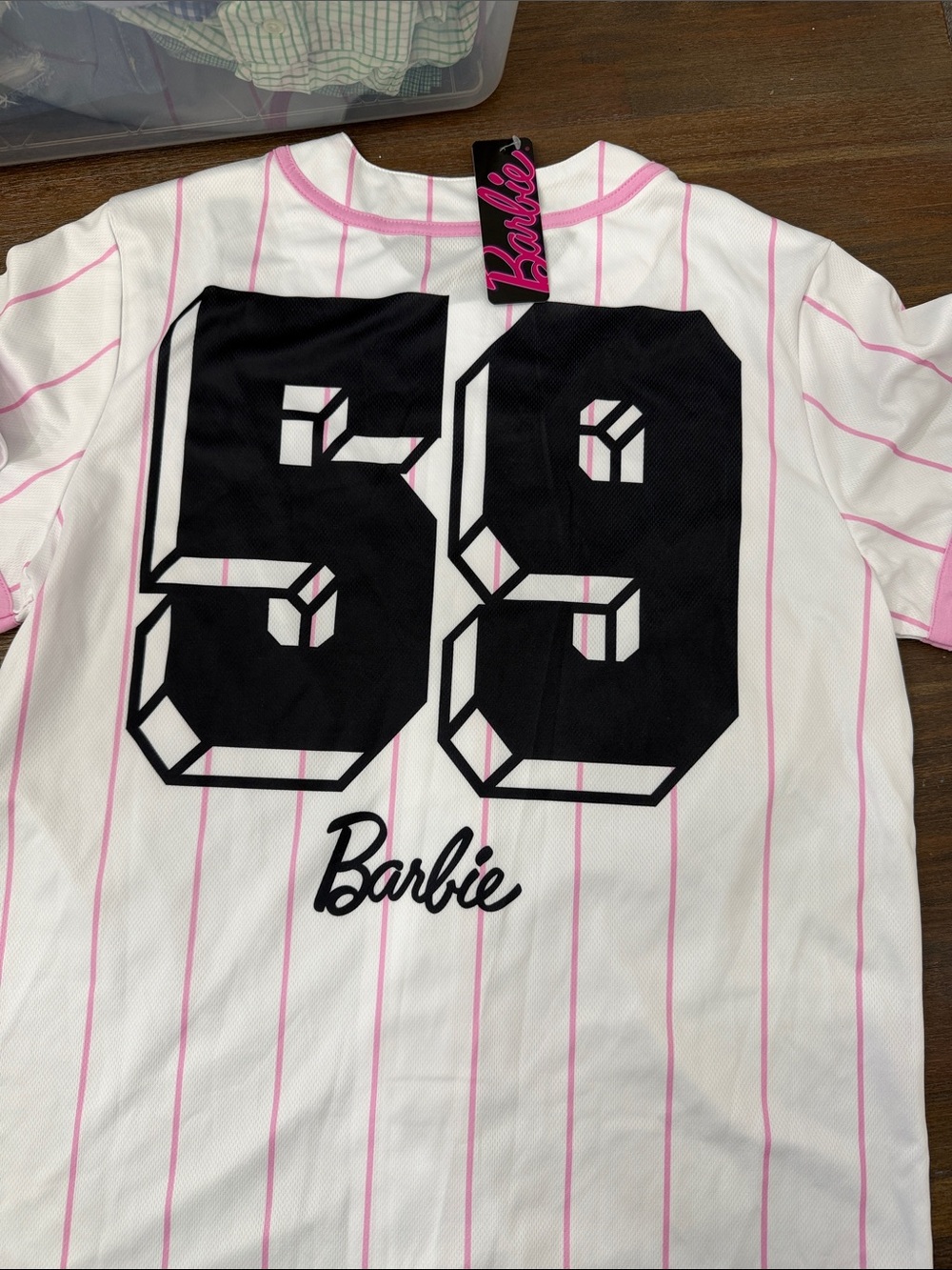 Barbie White Jersey with Pink Pinstripes and Black Logo - Picture 2 of 3